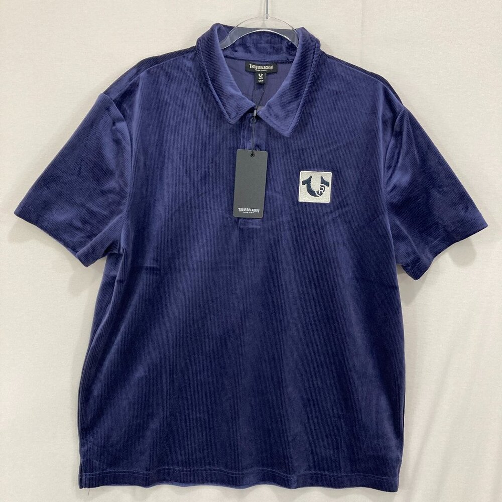 New True Religion Men's Velvet Velour Polo Shirt Medium Eclipse Navy Blue